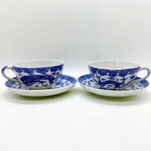 Two Vintage Dragon Japanese Porcelain Tea Cup And Saucer Set Blue & White READ